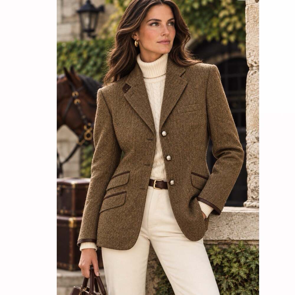 VTG Ralph Lauren Brown Herringbone Wool Blazer 4 Petite 90s Equestrian Heritage